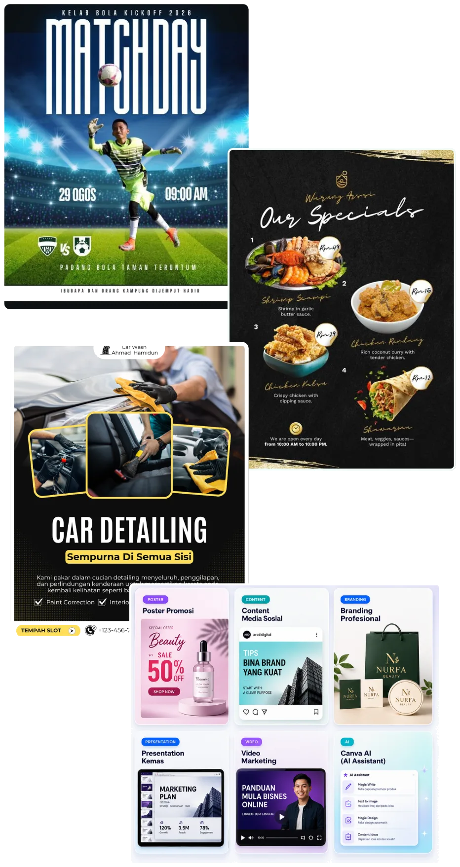 Contoh design Canva: poster acara bola, menu restoran, poster car detailing, poster promosi, content media sosial, branding, presentation, video dan Canva AI