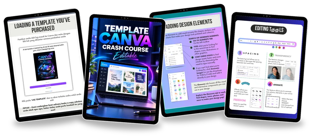 Halaman sebenar panduan Canva Crash Course: cara buka template, cover kursus, menambah elemen design dan editing tools