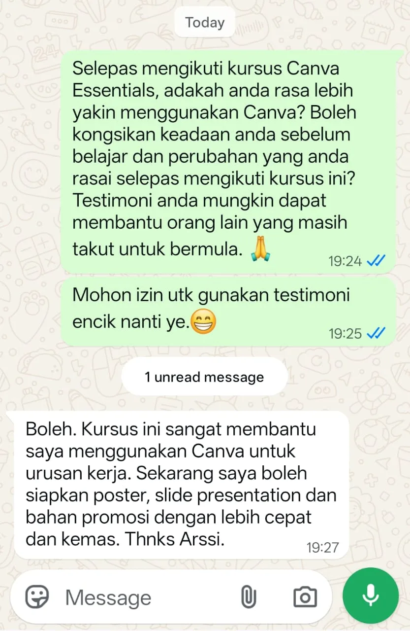 Testimoni WhatsApp pelajar Canva