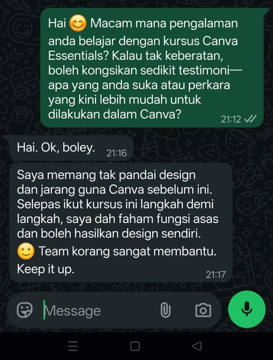 Testimoni WhatsApp pelajar Canva