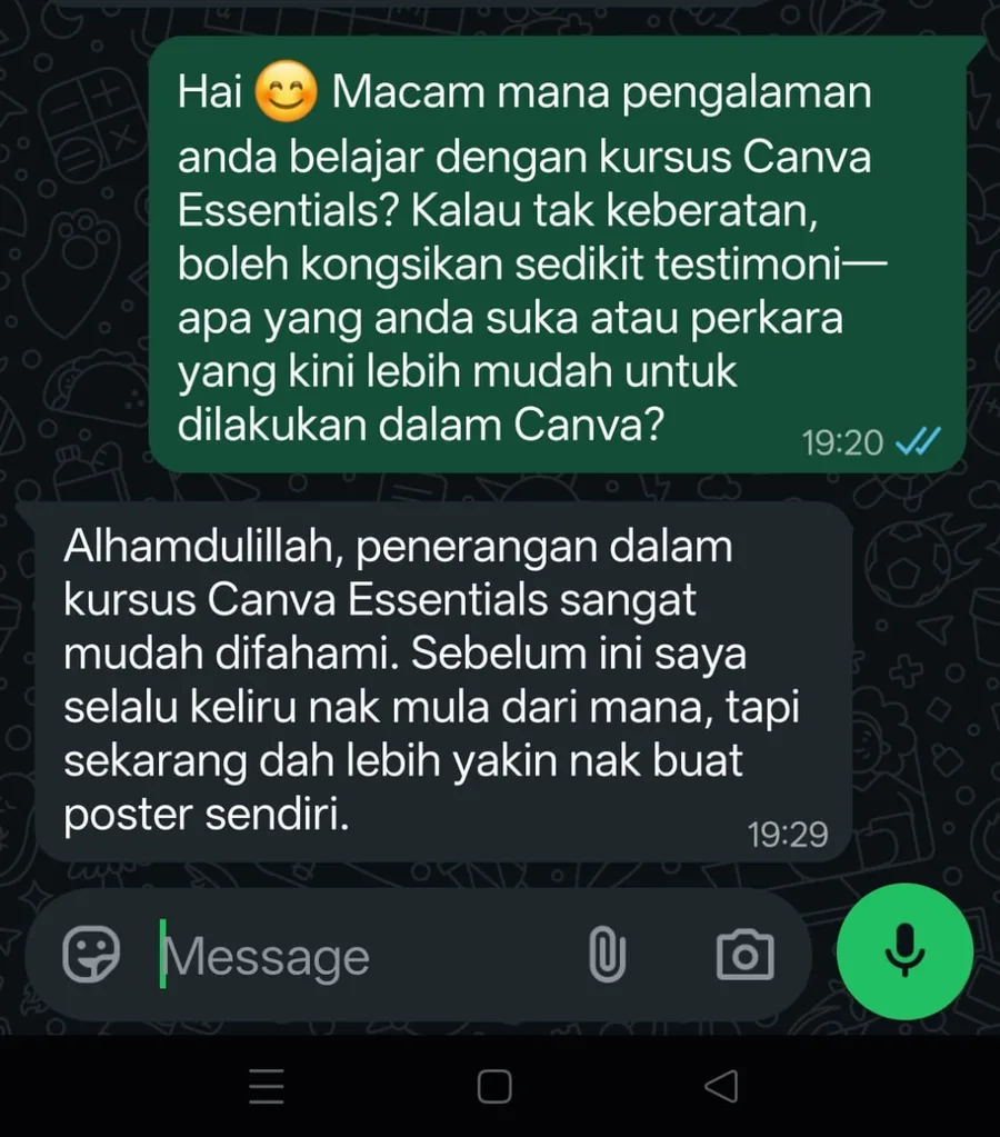 Testimoni WhatsApp pelajar Canva